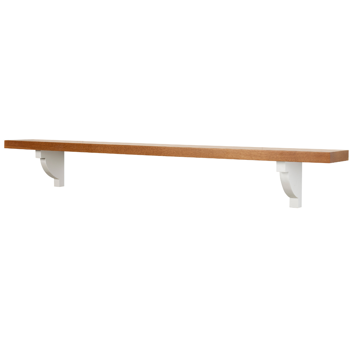 Wooden shelf with white brackets on a white background