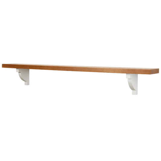 Wooden shelf with white brackets on a white background