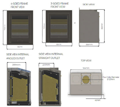 Technical dimension diagram of a fireplace flue collar and side views with measurements for front, side, and top views, including different frame styles and outlet types.