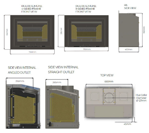 Technical dimension diagram of a fireplace flue collar and side views with measurements for front, side, and top views, including different frame styles and outlet types.