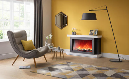 Rayburn Stratus 125-44 XT. Modern living room with yellow wall, fireplace, and grey armchair.