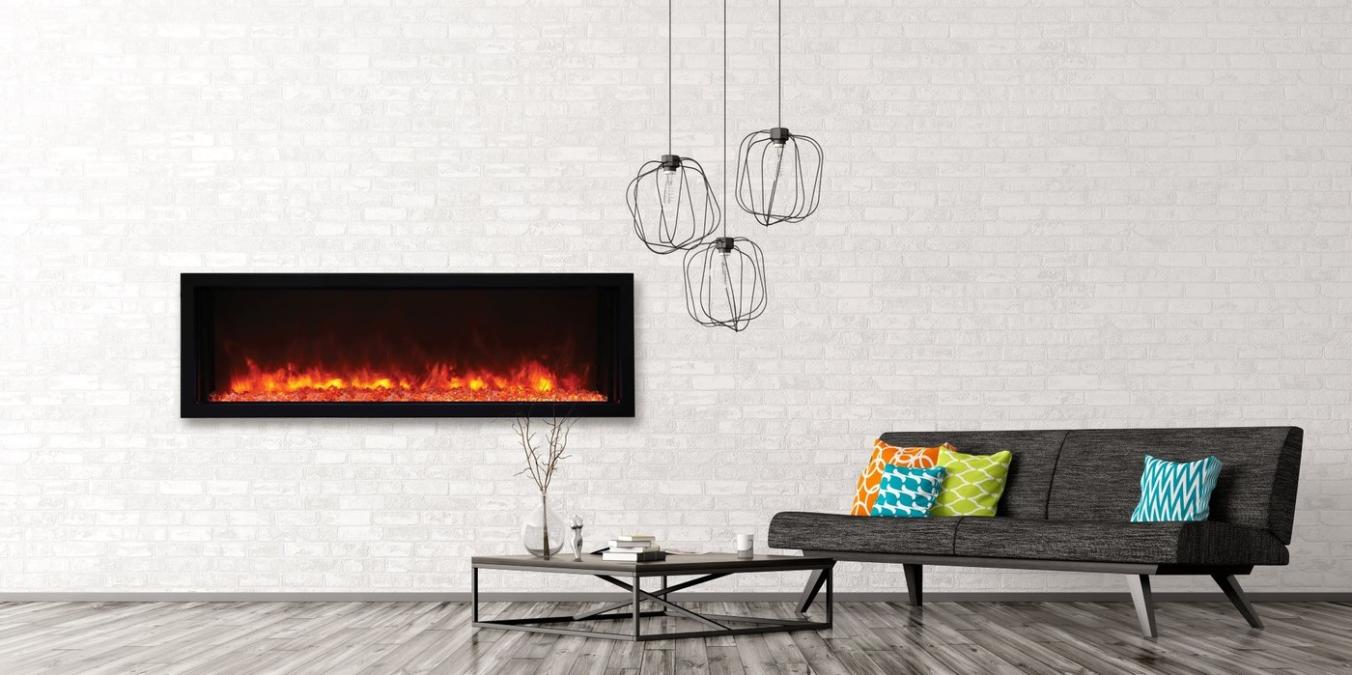 Rayburn Stratus 100-30 XS Extra Slim Electric Fire. Modern living room with electric fireplace, sofa, and decorative pillows.