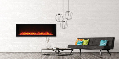 Rayburn Stratus 100-30 XS Extra Slim Electric Fire. Modern living room with electric fireplace, sofa, and decorative pillows.