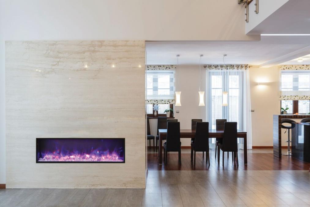 Rayburn Stratus 100-30 S Slim Electric Fire. Modern living room with electric fireplace and dining area