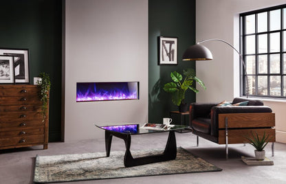 Rayburn Stratus 100-30 S Slim Electric Fire. Modern living room with a fireplace, coffee table, and decor elements.