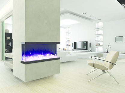 Rayburn Stratus 100-39 Tru View Electric Fire. Modern living room with a white electric fireplace and a beige chair.