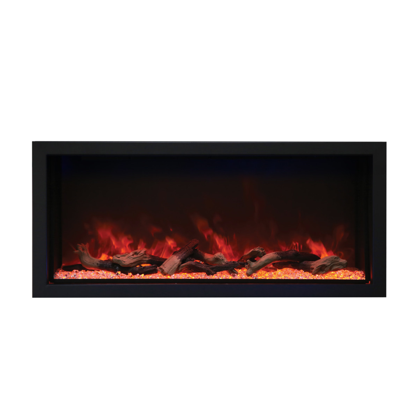 Rayburn Stratus 100-44 XT. Electric fireplace insert with glowing logs and flames on a white background