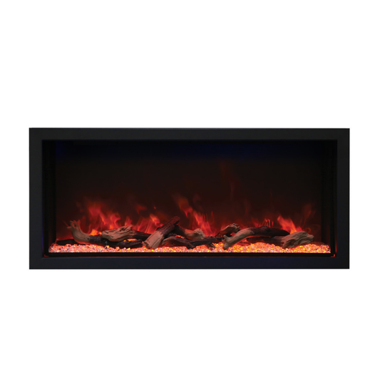 Rayburn Stratus 100-44 XT. Electric fireplace insert with glowing logs and flames on a white background