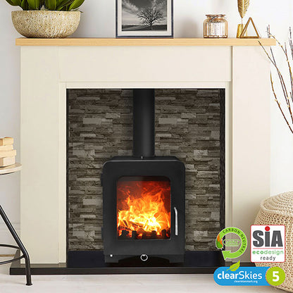 Saltfire ST2 Log Burning Stove with lit fire, decorative mantel, and SIA logo.