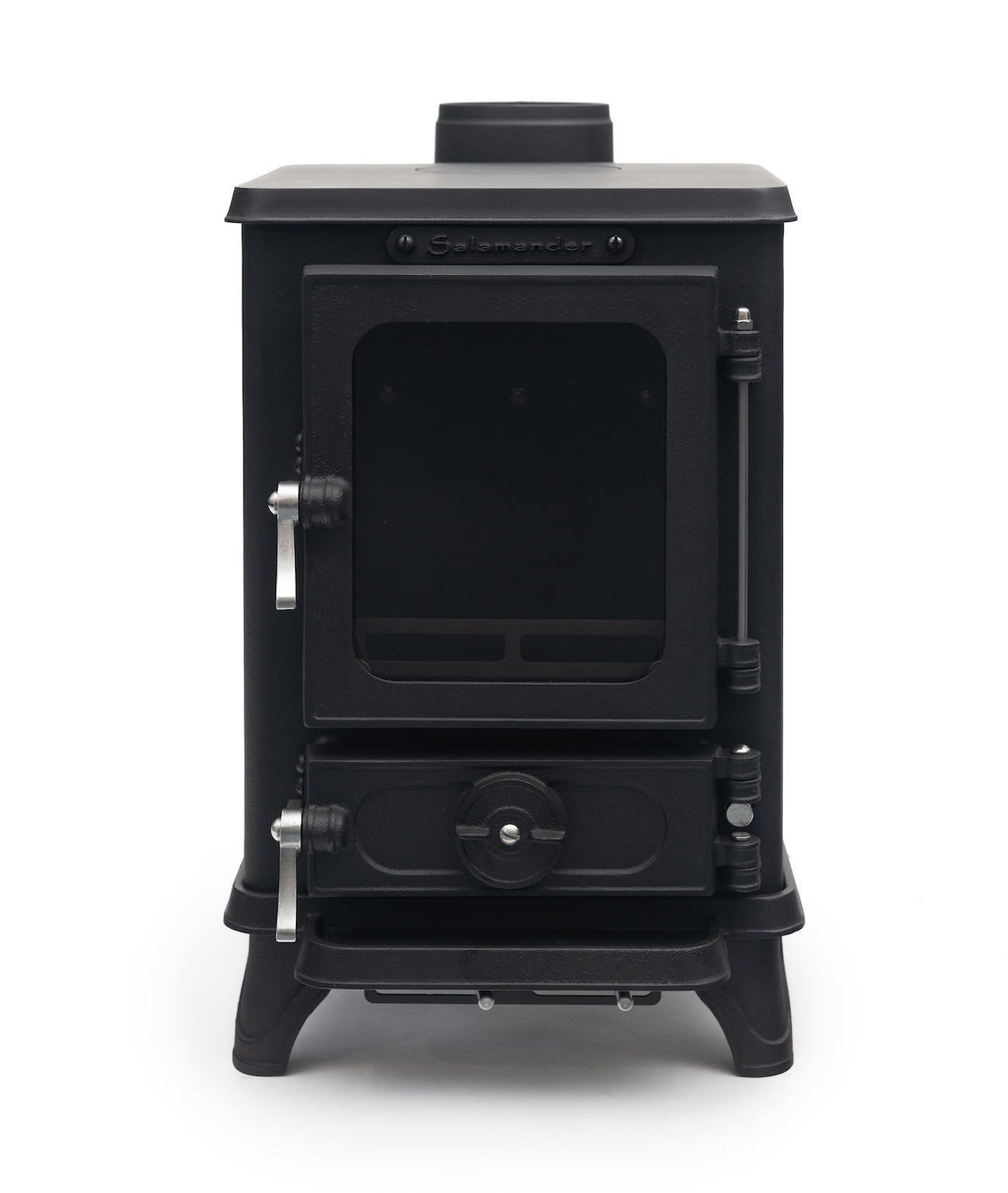 Salamanda Hobbit Stove Black wood stove on a white background