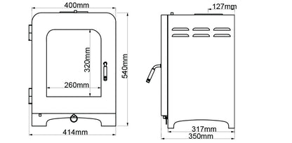 Saltfire ST2 Technical drawing with dimensions of Stove
