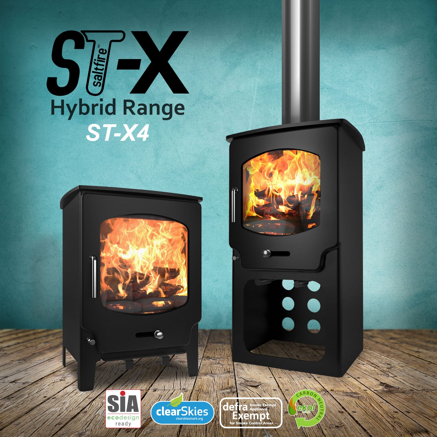 Two ST-X4 stoves with flames on a wooden floor and blue wall background.