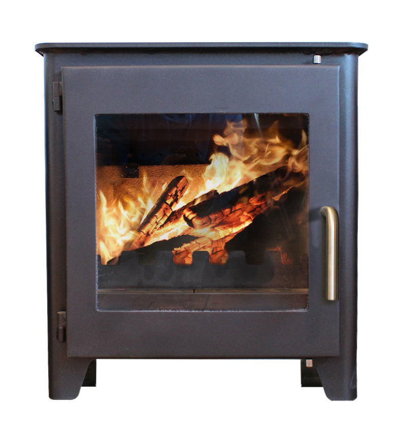 Black Saltfire ST1 freestanding stove with flames visible inside on a white background