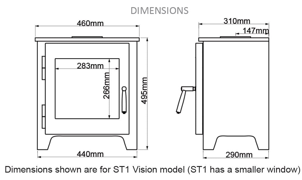 Technical drawing of a Saltfire ST1 stove with dimensions labeled