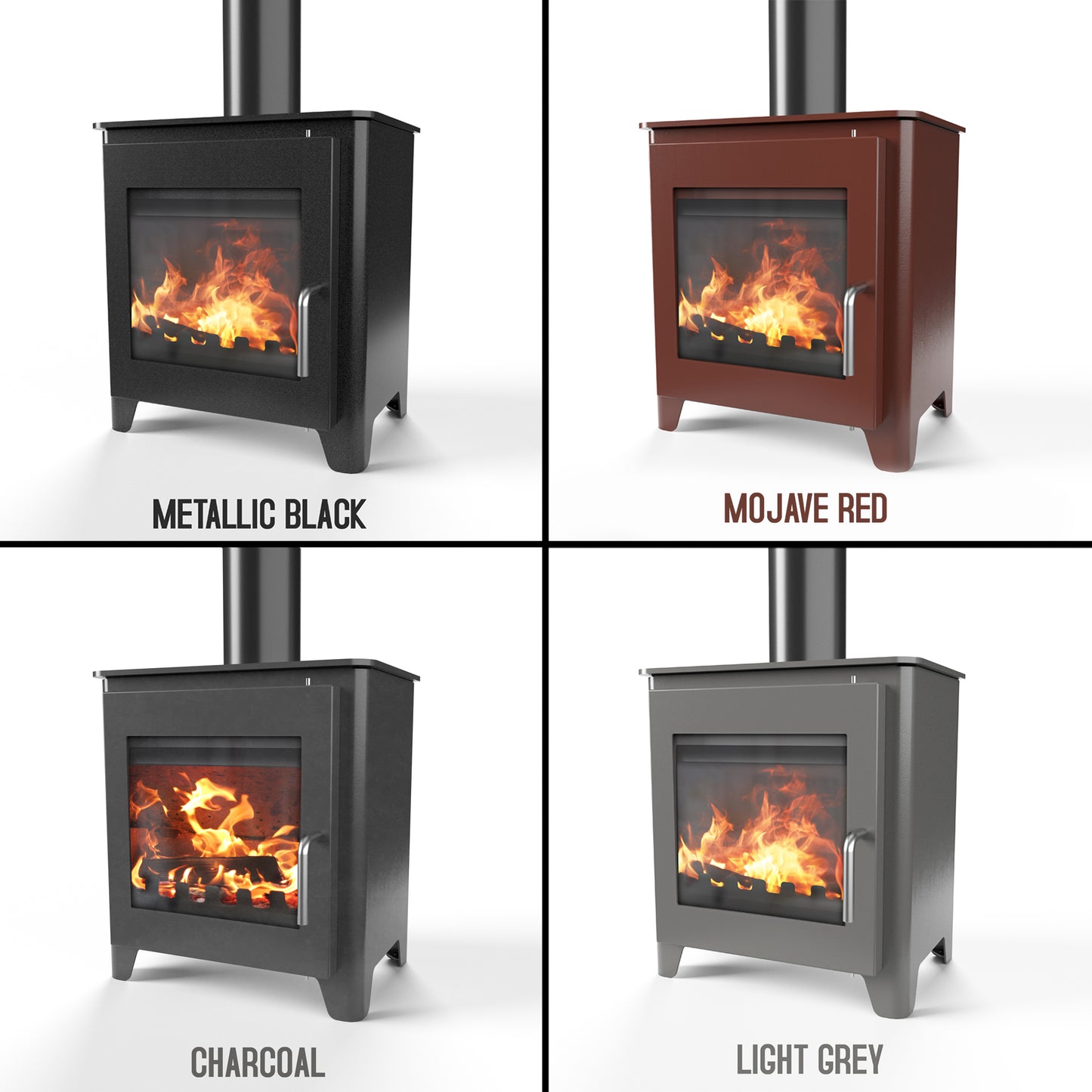 Saltfire ST1 Four fireplaces in different colors with flames inside, labeled 'Metallic Black', 'Mojave Red', 'Charcoal', and 'Light Grey'.