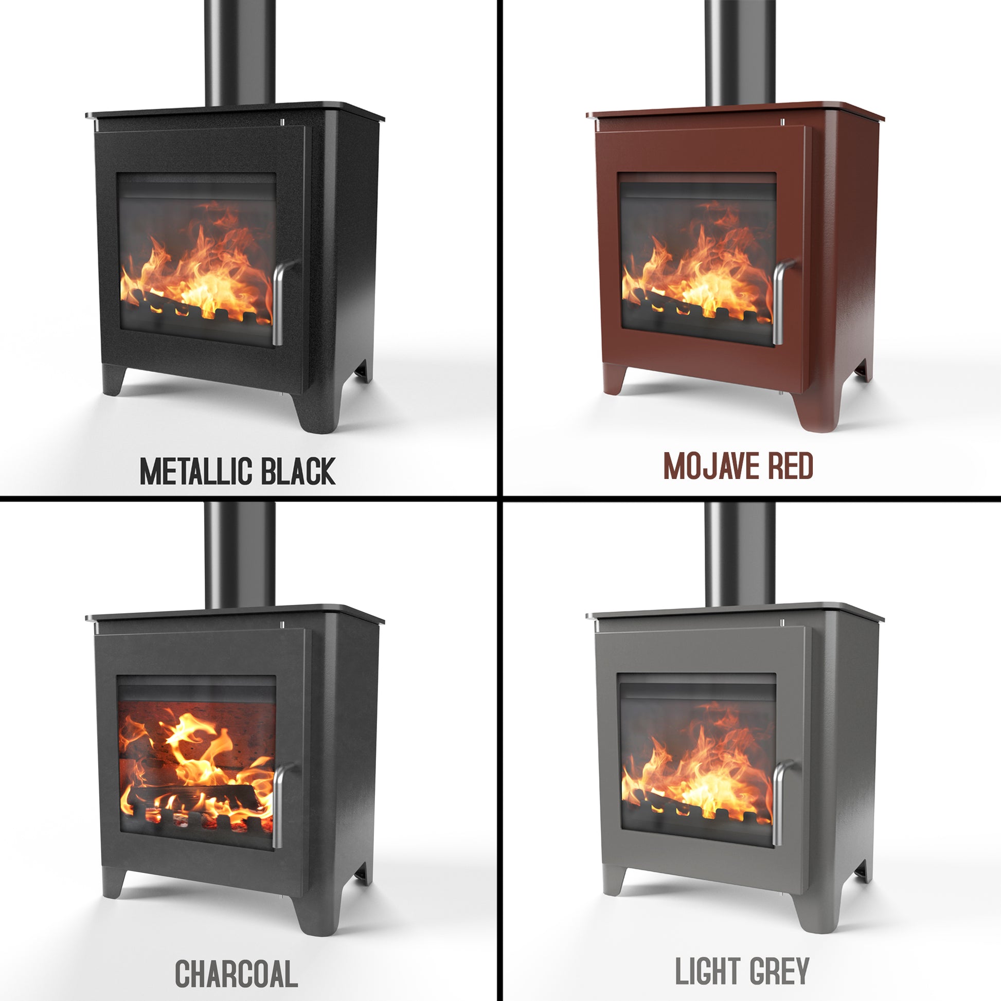 Saltfire ST1 Four fireplaces in different colors with flames inside, labeled 'Metallic Black', 'Mojave Red', 'Charcoal', and 'Light Grey'.