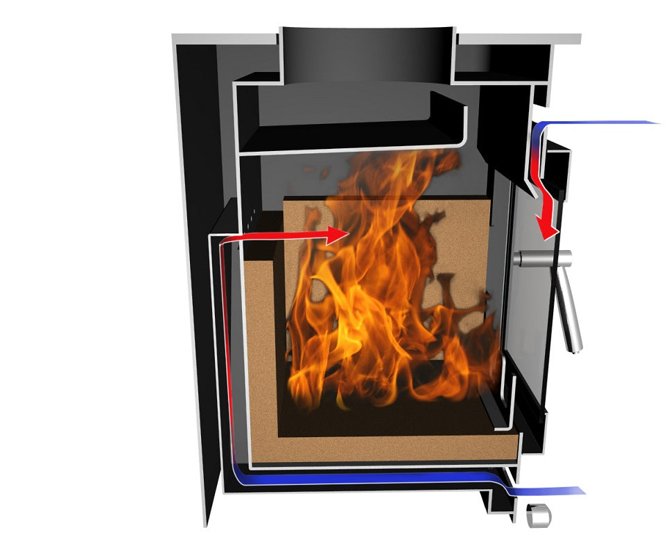 Saltfire ST1 Diagram of a fireplace with flames and labeled components on a white background