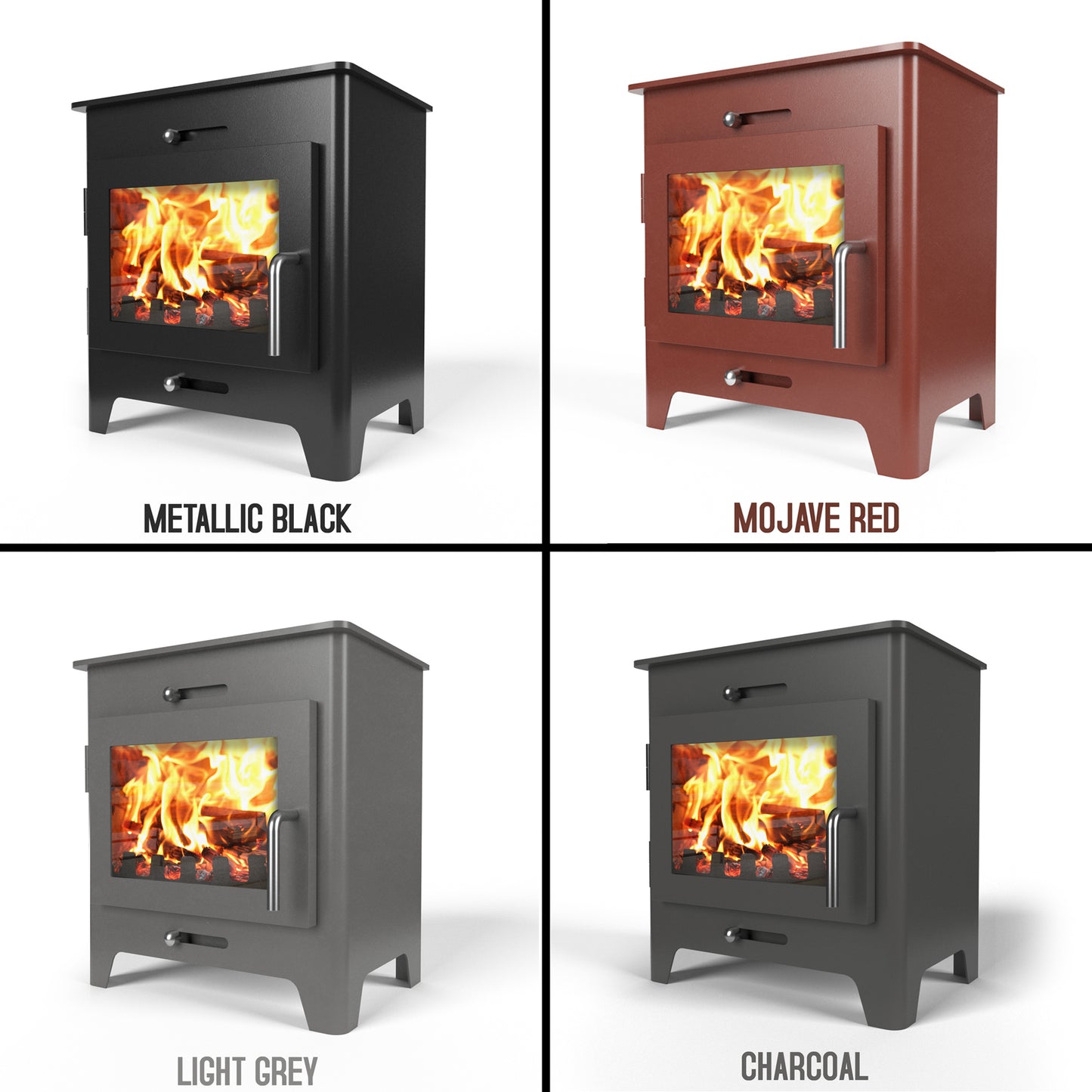 Four Saltfire ST1 wood stoves in different colors with flames inside, labeled 'Metallic Black', 'Mojave Red', 'Light Grey', and 'Charcoal'.
