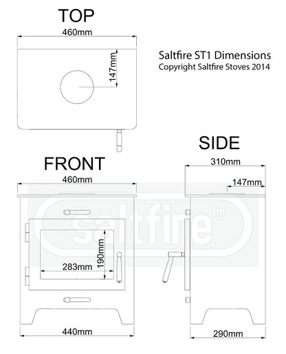 Technical drawing of Saltfire ST1 stove dimensions with labels for top, front, and side views.