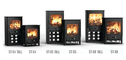 Set of black wood stoves with varying heights on a white background