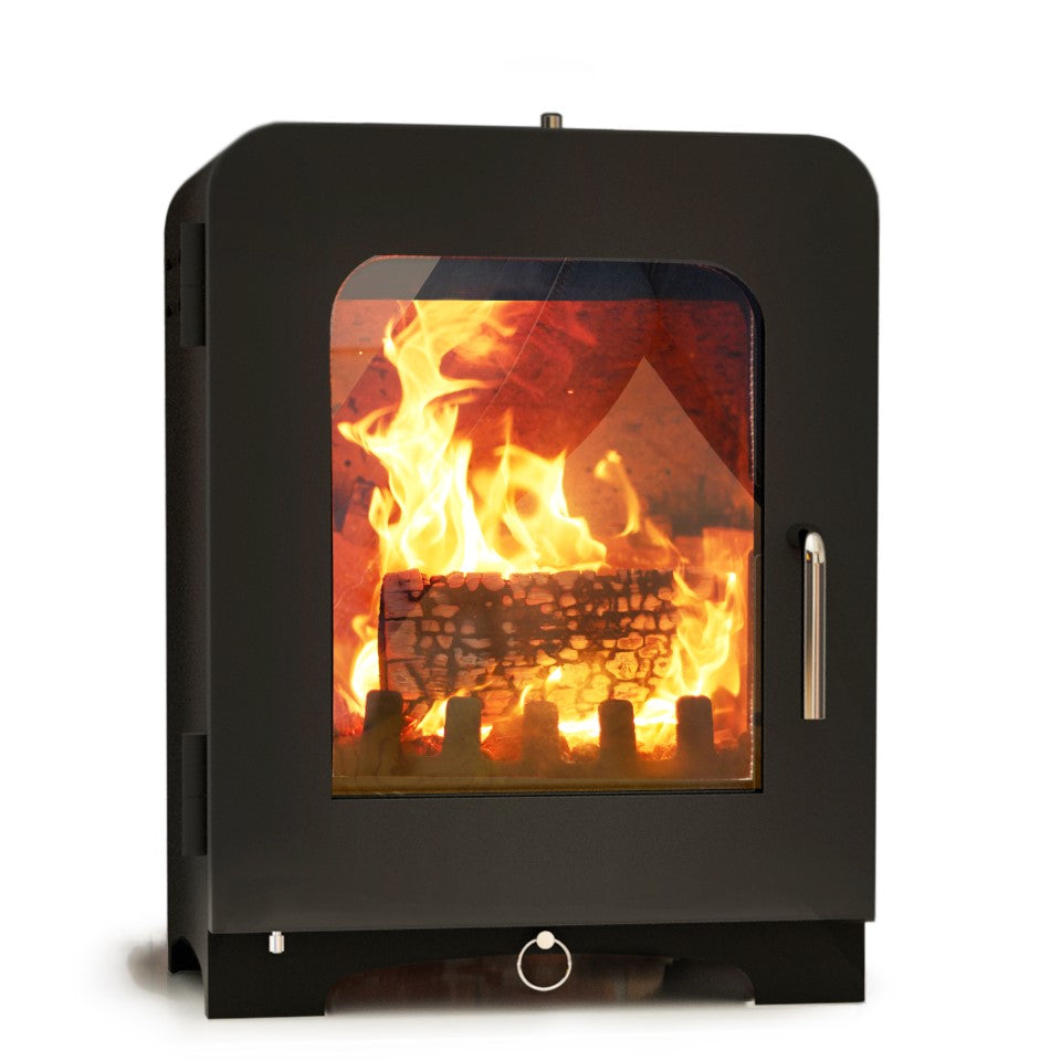 Modern Saltfire ST2 black Stove with glass door showing flames 