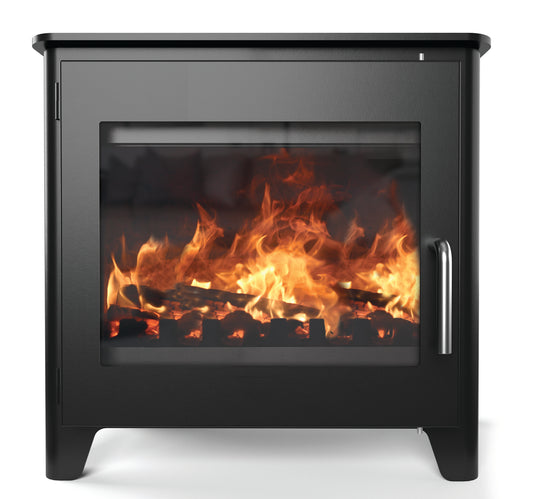 Saltfire ST3 Black stove with glowing flames inside on a white background