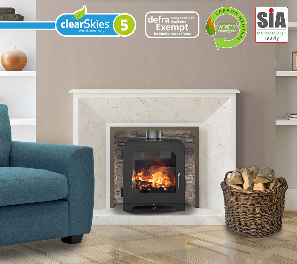 Saltfire ST4 Stove with clearSkies certification logo in a living room setting.