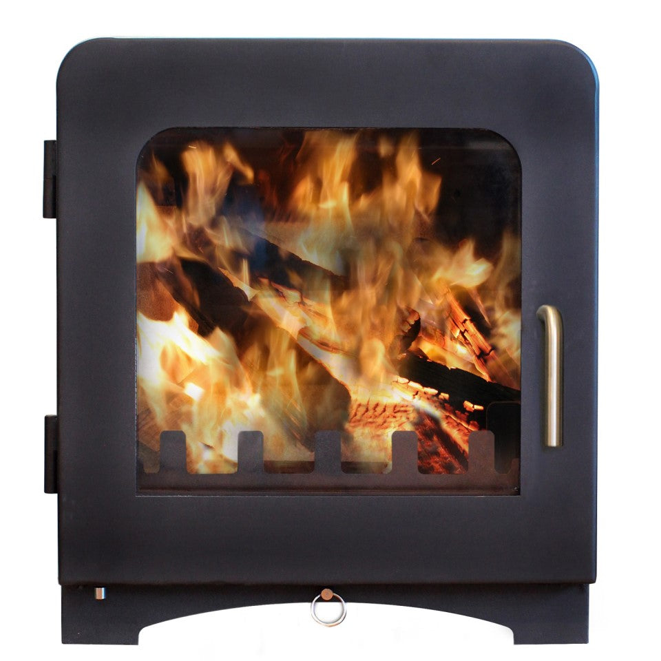 Saltfire ST4 Wood stove with flames inside on a white background