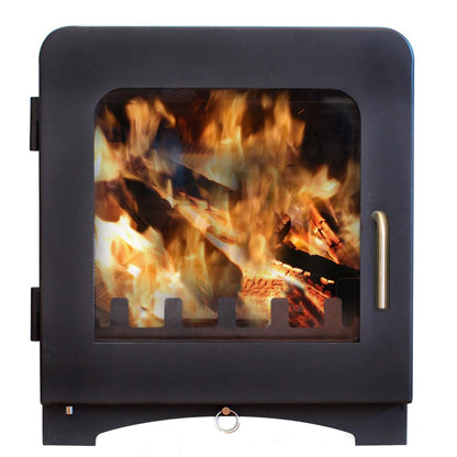 Saltfire ST4 Wood stove with flames inside on a white background