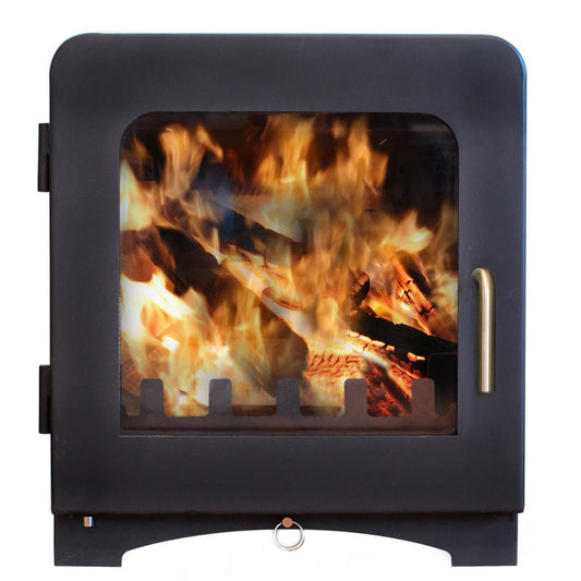 Saltfire ST4 Wood stove with flames inside on a white background