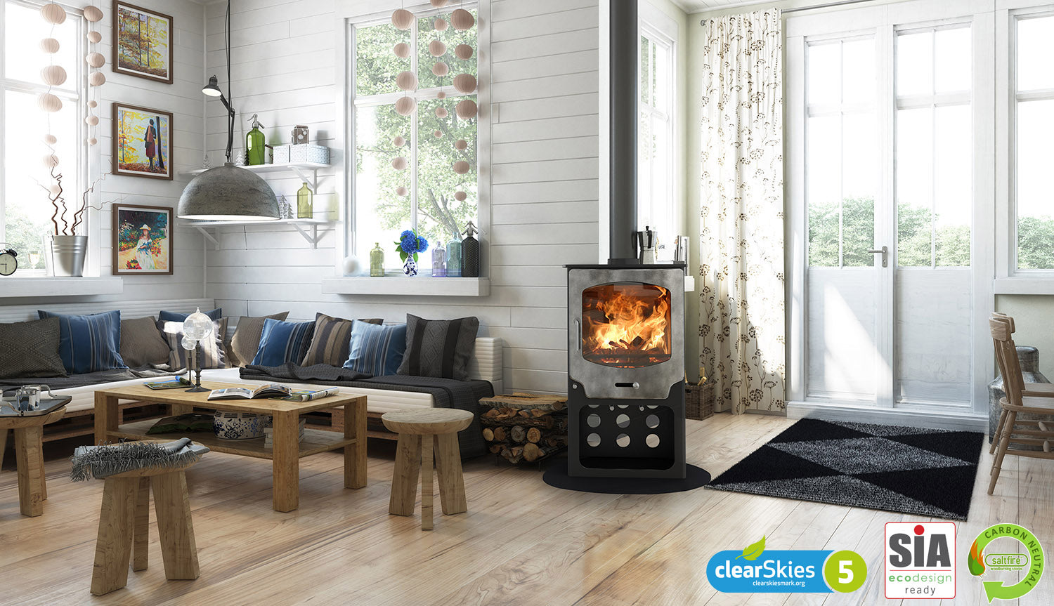 Saltfire ST-X8 stove in lounge setting
