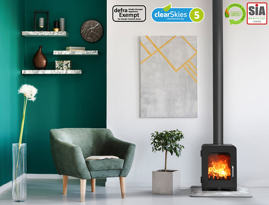 Saltfire ST2 Stove in Modern living room with green wall, and decorative items.