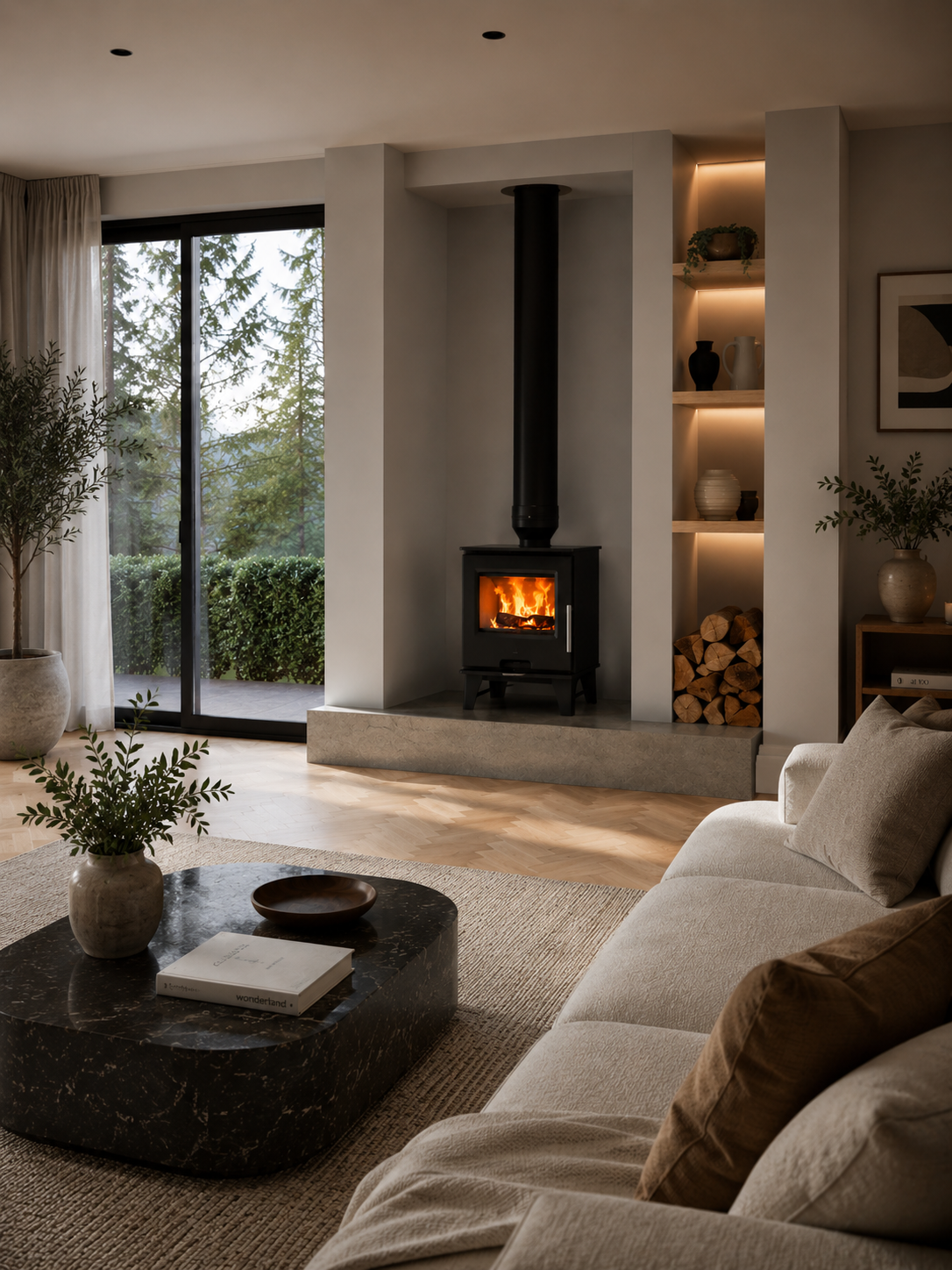 Modern living room with a fireplace, sofa, and coffee table.