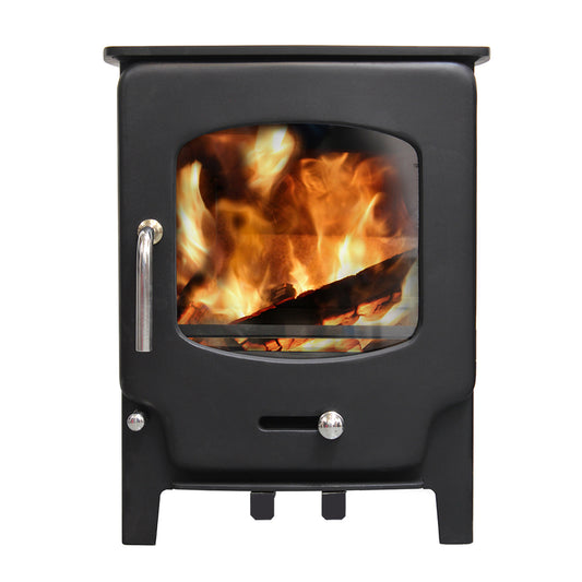 Saltfire X4 Stove with visible flames inside on a white background