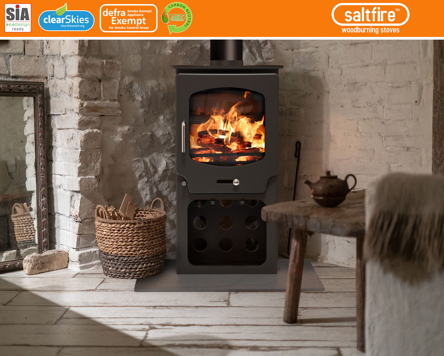 SaltfireST-X5 with flames inside, surrounded by a cozy room with a basket and stool.