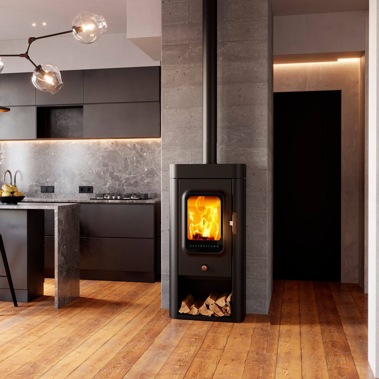 Modern kitchen with a wood-burning stove and wooden floor.
