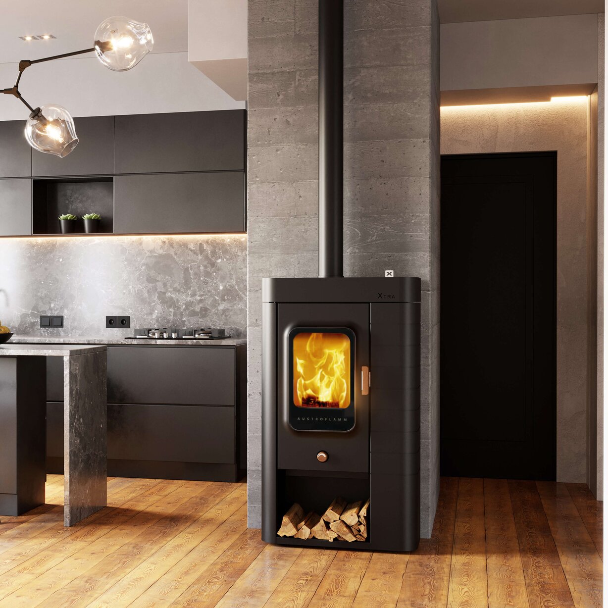 Modern kitchen with a lit wood stove and wooden floor.