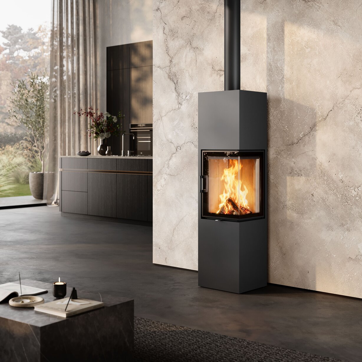 A modern dark gray wood-burning fireplace with a visible fire, set against a textured stone wall in a contemporary interior room.