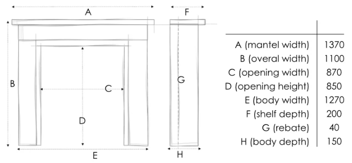 A black-and-white dimension diagram showing a fireplace mantel and side profile with labeled measurements A through H and a corresponding measurement table on the right.