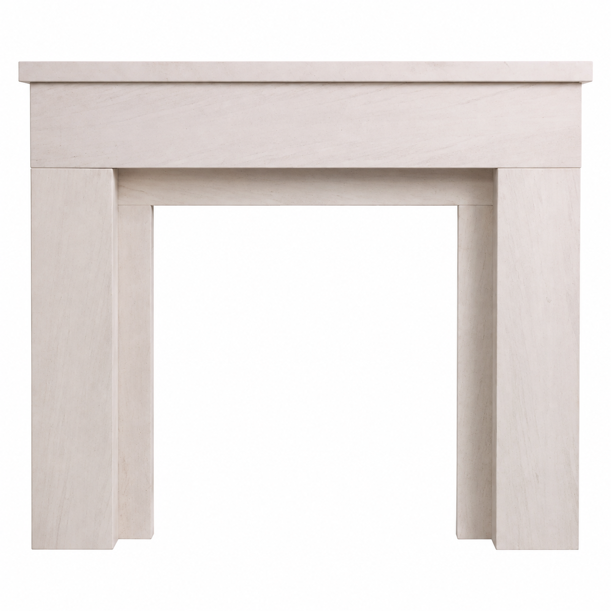 A light-colored limstone fireplace with a minimalist rectangular design, shown against a solid white background.