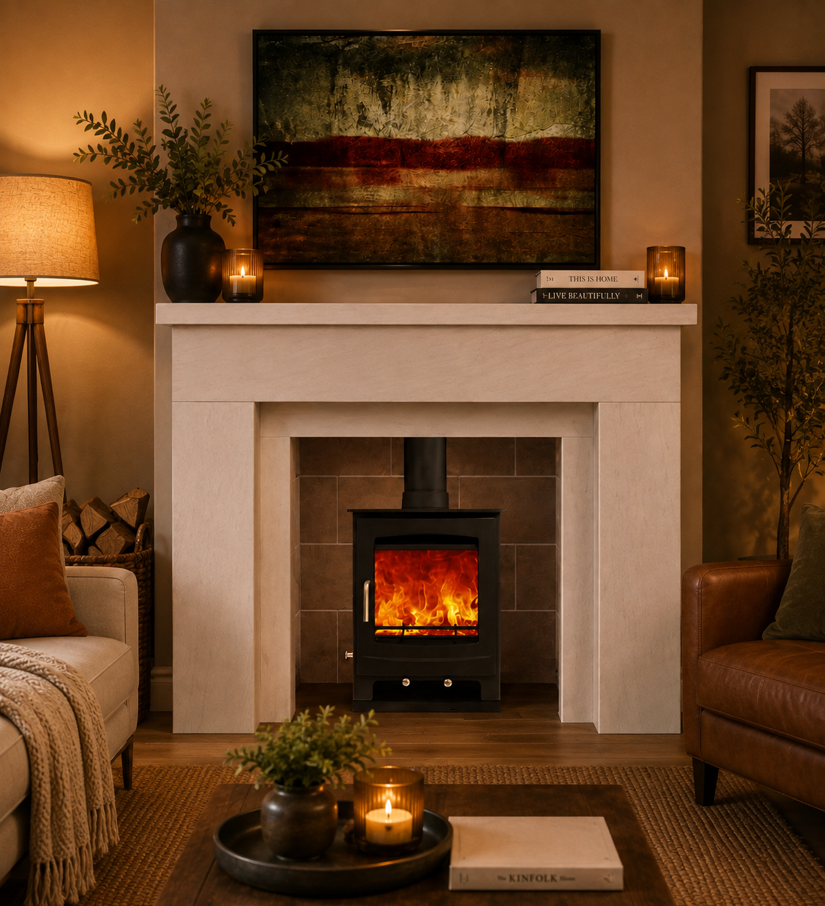 A black wood-burning fireplace insert with a glowing fire, set within a white stone fireplace mantel in a cozy living room.