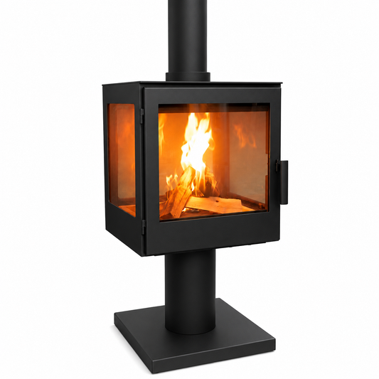 A modern black wood-burning stove with a square base, glass front door showing a burning fire, and a vertical chimney pipe extending upward, isolated on a white background.