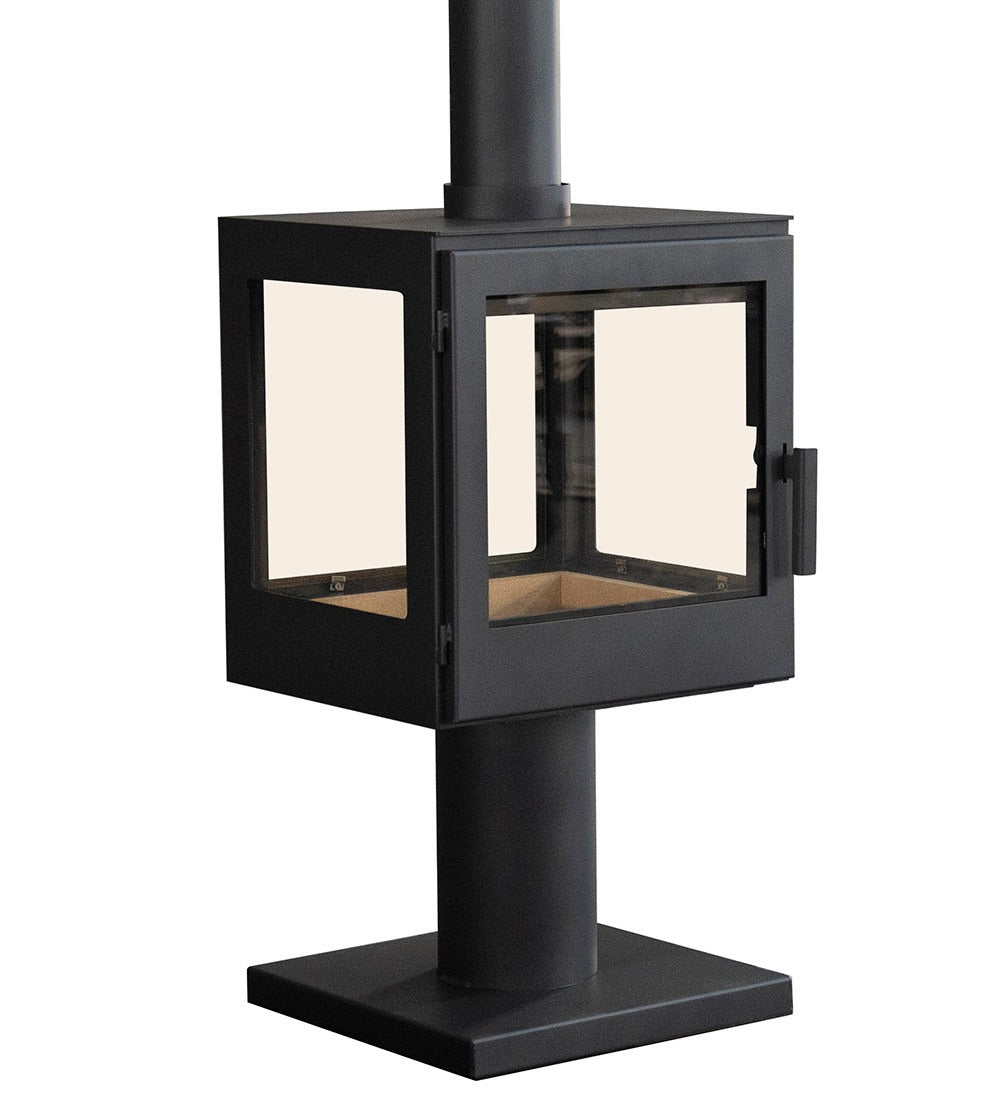 Black outdoor fireplace with glass doors on a white background