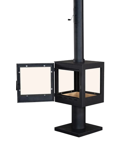 Black outdoor fireplace with open doors on a white background