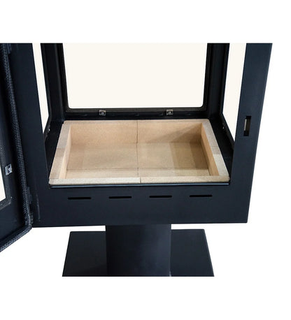 Black metal stand with a square platform on a white background