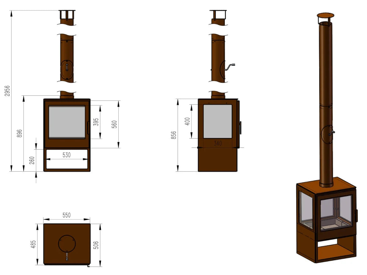 Wood-burning stove with dimensions and parts labeled on a white background