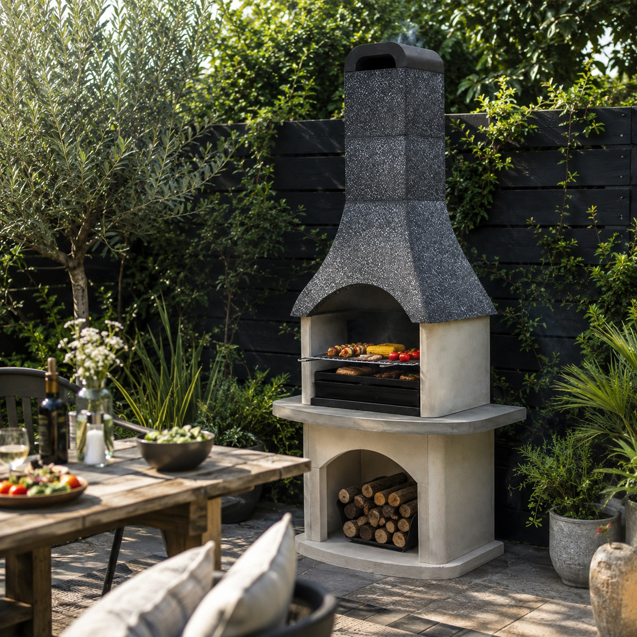 A freestanding outdoor stone barbecue grill with a dark textured chimney and light stone body, shown cooking food in a garden patio setting with plants, a wooden fence, and a dining table nearby.