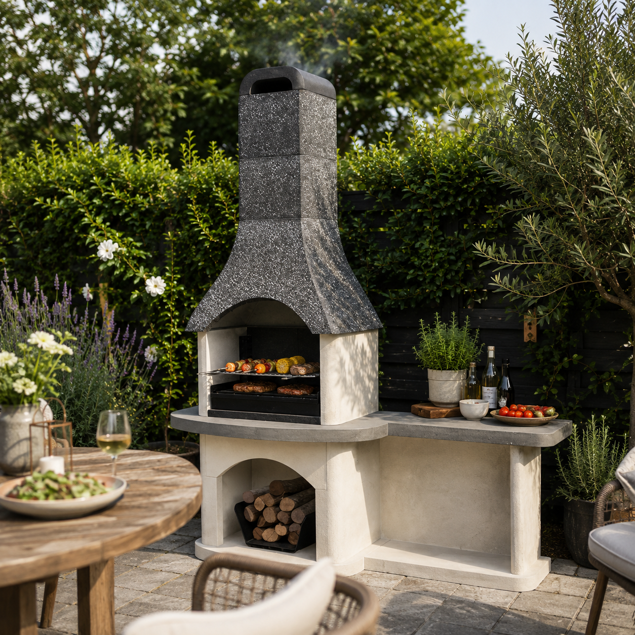 A modern outdoor stone barbecue grill with a chimney stack, set in a lush green backyard patio environment with a wooden dining table and chairs nearby.