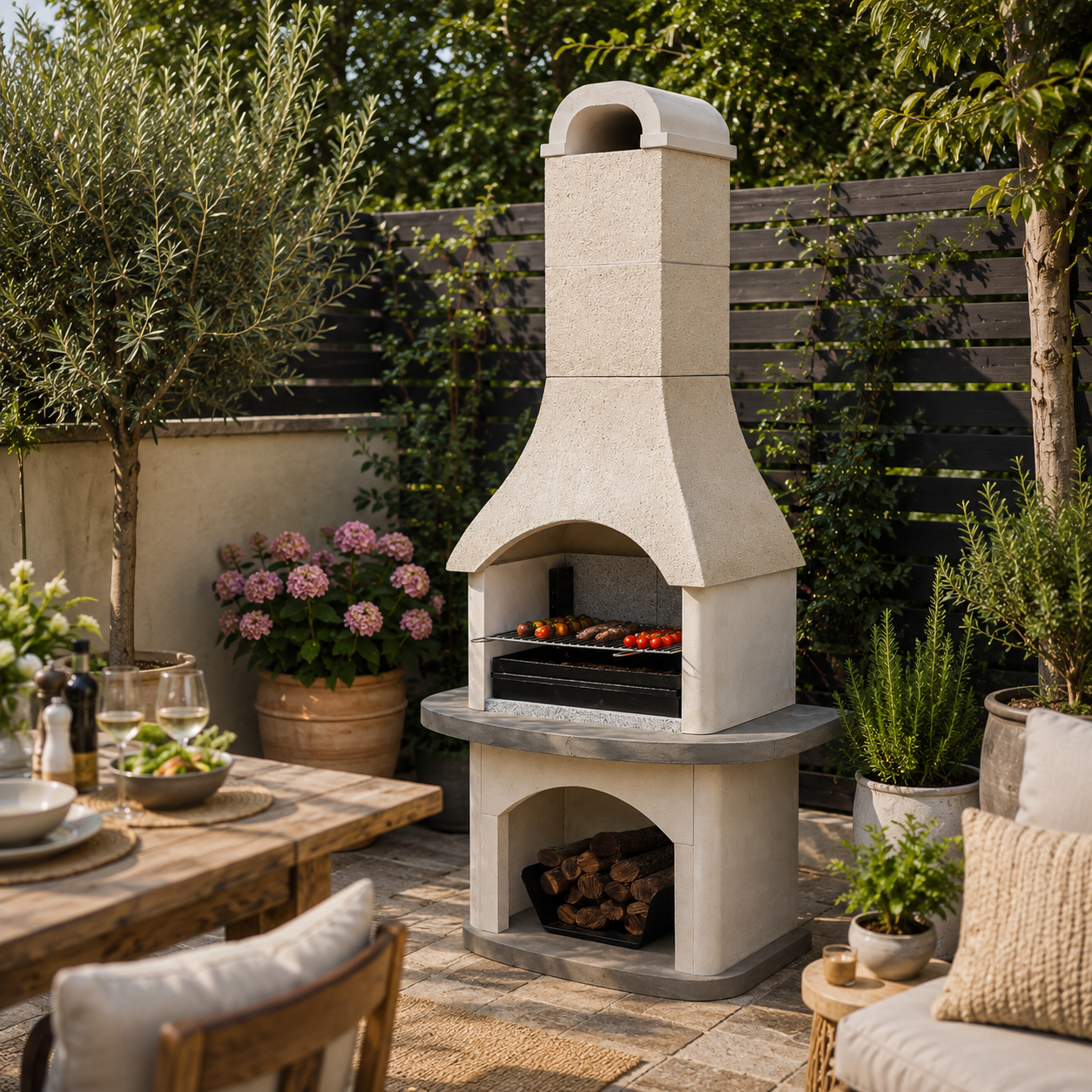 A freestanding outdoor stone barbecue grill with a chimney and lower firebox, set in a patio garden with plants, a dining table, and seating visible.
