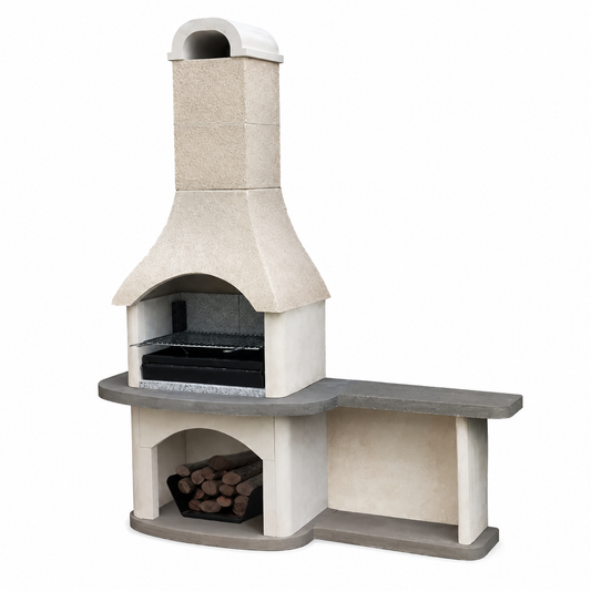 A modern outdoor stone barbecue grill with a chimney, built-in shelf, and log storage compartment, shown on a plain white background.